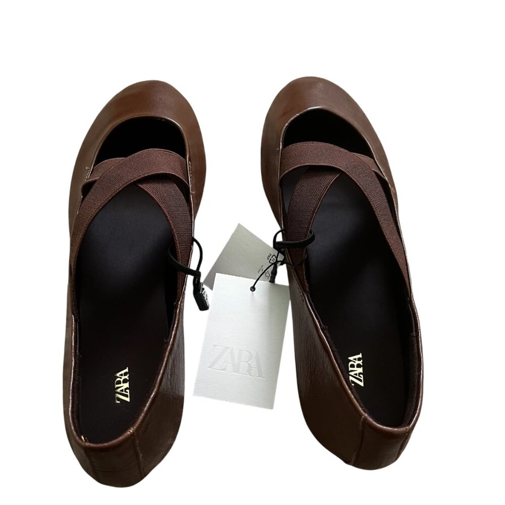 ZARA Leather Ballet Flats with Crossed Elastic Straps – Chocolate Brown Size 7.5 - Picture 2 of 8